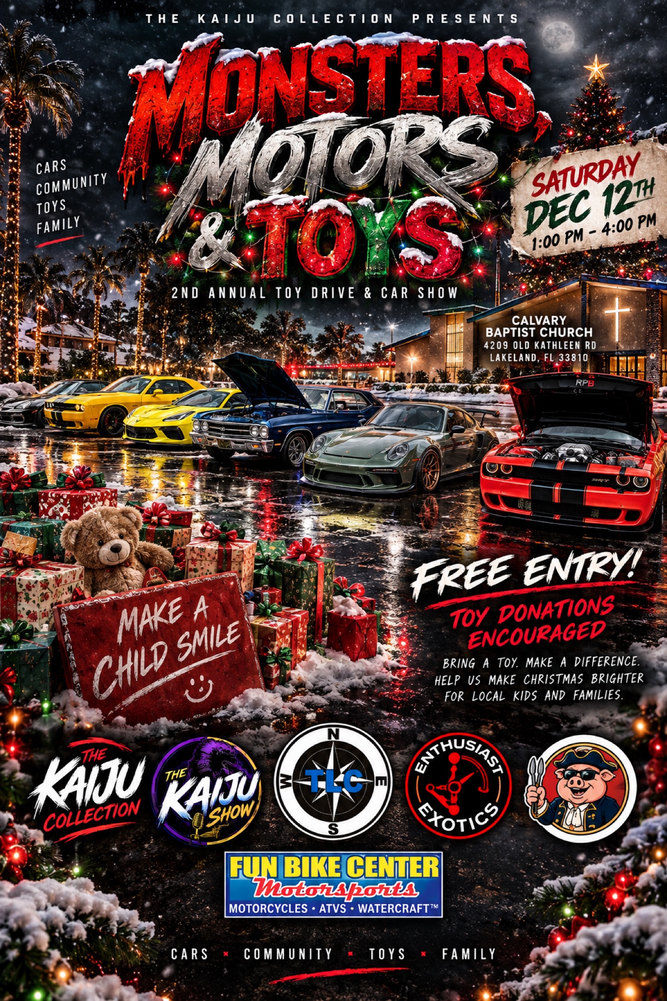 Monsters, Motors and Toys event flyer: Saturday, December 12, 2026, 1:00 to 4:00 PM, Calvary Baptist Church, 4209 Old Kathleen Rd, Lakeland FL 33810. Free entry.